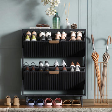 Shoe Cabinet Storage, Modern Freestanding Organizer with 2 Flip Drawers, Narrow Shoe Rack Cabinet, Black