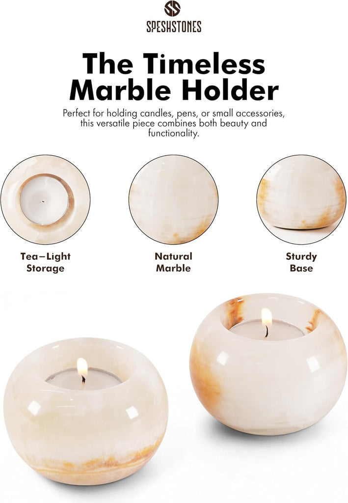 Marble Tea Light & Votive Candle Holders 4 Inch, Cream Onyx | Set of 2, handmade. Fits standard tealights. Dining