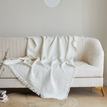 100% Linen Throw Blanket 55x75 inches, Farmhouse Boho Tassel Blanket for Couch, Bed, Sofa, Breathable Natural Cozy