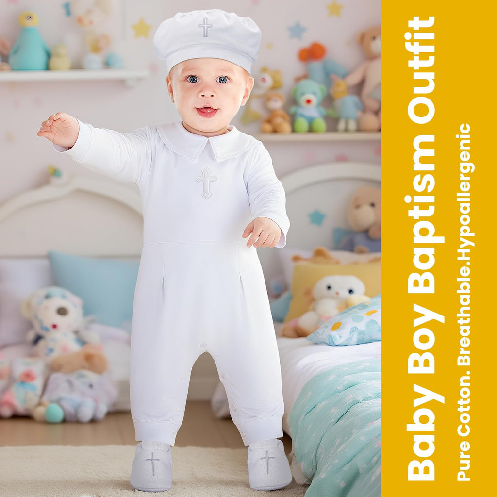 4 Pcs Baby Boy Baptism Outfits with Cross Christening Outfit Jumpsuit Hat Shoes Socks for Newborn Infant Boys(6-12