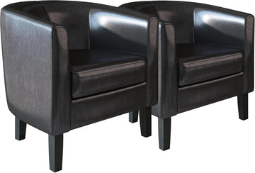 Accent Barrel Chair Faux Leather Round Club Tub Sofa Corner Chair with Flared Legs and Cozy Soft Padding - Set of 2