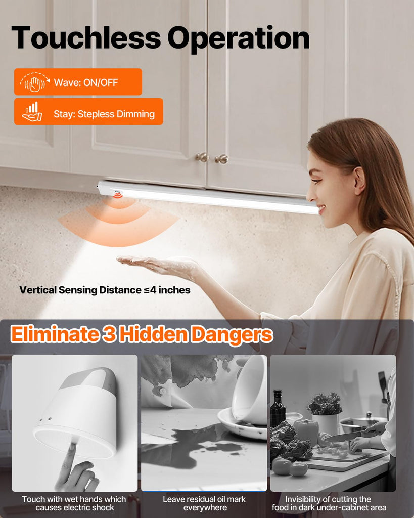 16 Inch Under Cabinet Light, Hand Wave Sensor 83 LED Indoor Cabinet Lighting, USB Rechargeable Cordless Closet Light