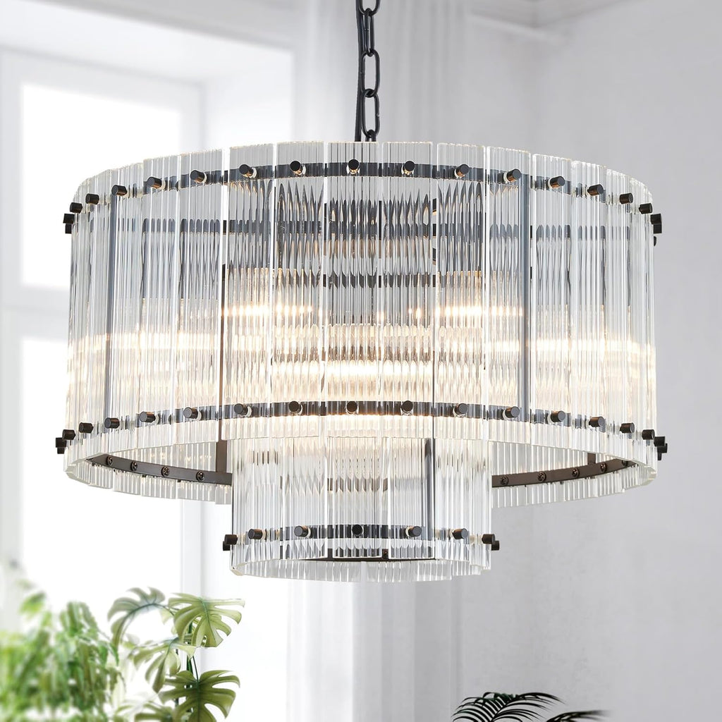 Black Drum Chandelier Light Fixture, Doule Layer Middle Century Modern Design, with 5-Light, D18 x H10, Adjustable 59" Chains, Glass Shade & Black Metal Frame A119-B0DJPGG4QH