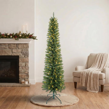 Pre-Lit Slim Pencil Artificial Christmas Tree with Lights, Skinny Green