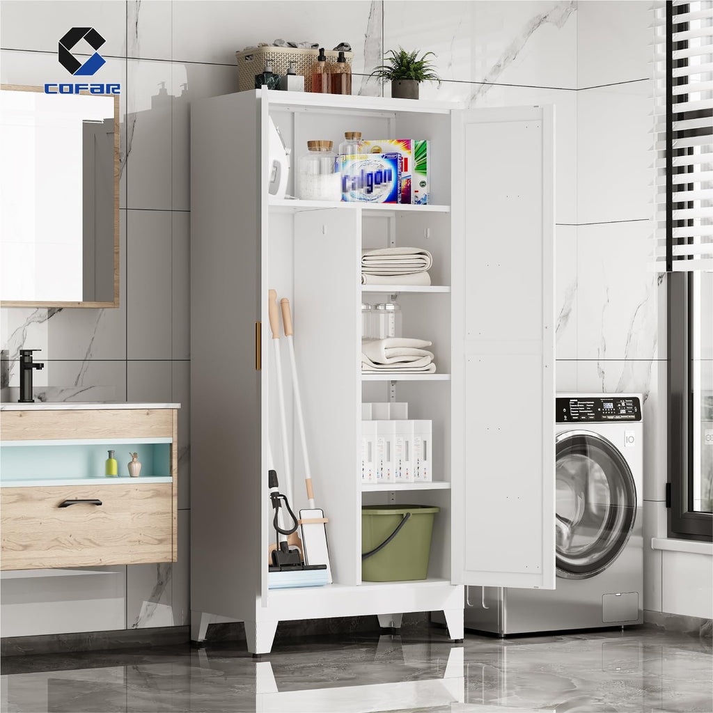 Metal Wardrobe Closet with Doors, 71'' Tall Steel Bedroom Armoire with Adjustable Hanging Rod and Shelves, Broom