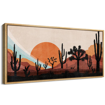 Extra Large Framed Canvas Print Wall Art Desert Sunset with Cacti Nature Wilderness Antique Retro Fine Art