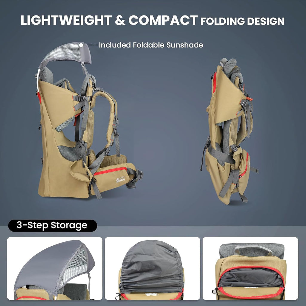 Toddler Hiking Carrier, Baby Backpack with Sun Canopy & Storage, Sand