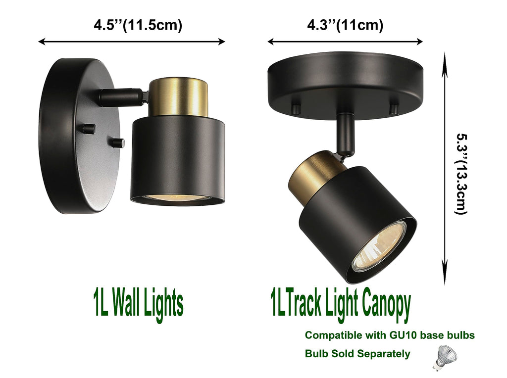 1 Light Track Lighting Kit,2 Packs Matt Black Brass Finish Adjustable Moden Flush Mount Ceiling Spotlight Wall