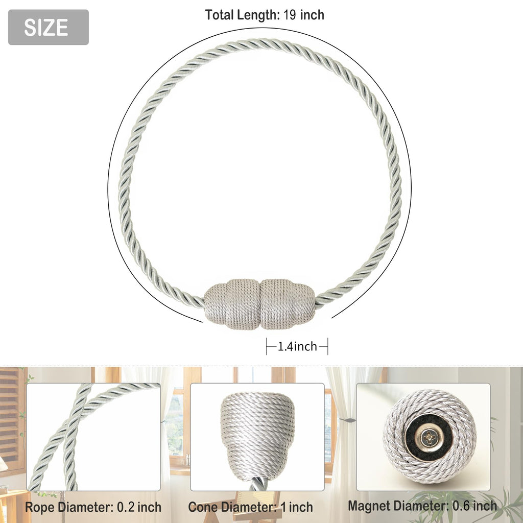 Magnetic Curtain Tiebacks - Rope Tiebacks for Curtains & Drapes, Decorative Window Holdbacks (8 Pack, Grey)