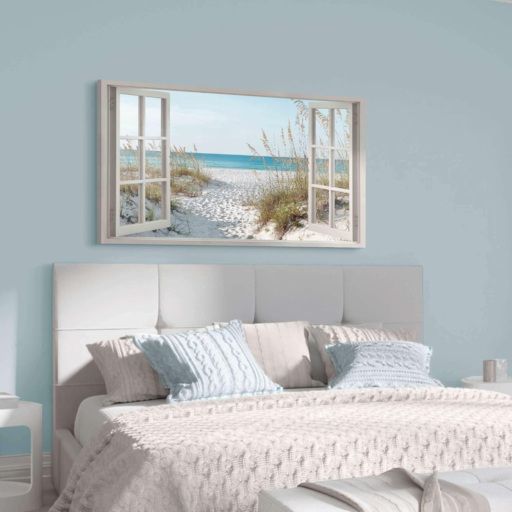 Window Beach Wall Art Prints: Modern Large Tropical Coastal Landscape Canvas Bedroom Blue Ocean Picture Relaxing