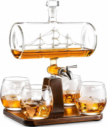 Whiskey Decanter Globe Set with 4 Etched Whiskey Glasses - for Liquor Scotch Bourbon Vodka, Gifts For Men - 1250ml
