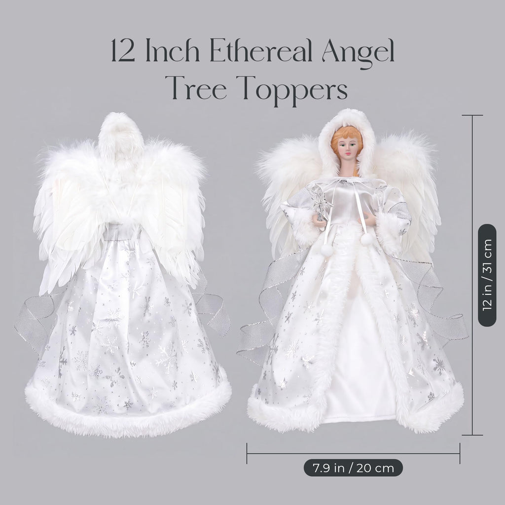 Lighted Christmas Tree Topper Angel, 12 Inch Silver & White Angel Tree Topper w/Feather Wings, 8 Lighting Modes for