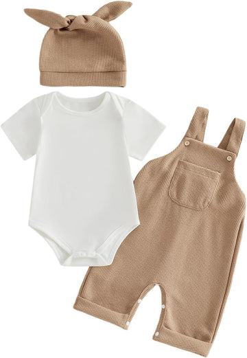 Newborn Baby Boy Clothes Summer Outfit Solid Color Short Sleeve Romper Waffle Suspender Shorts Overall Set 3Pcs