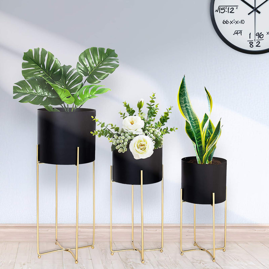Modern Planters Stand with Pot, Mid Century Tall Black Planter with Gold Plant Stand, Floor Planter for Indoor Plants
