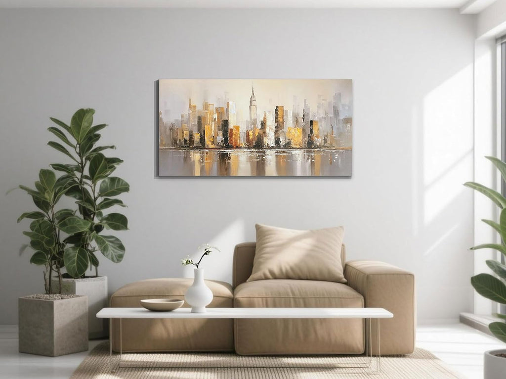 Abstract Cityscape Canvas Wall Art - Modern New York Skyline Painting Warm Accents, NYC Picture Large Framed Artwork