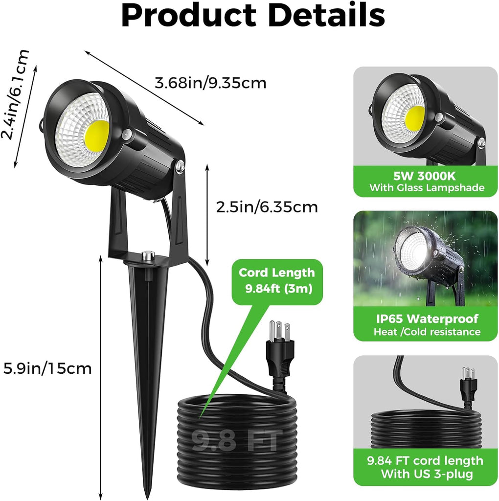 2 Pack Outdoor Spot Lights, 5W LED Landscape Spotlights Lighting with Spiked Stand Waterproof for Yard, Garden, Lawn