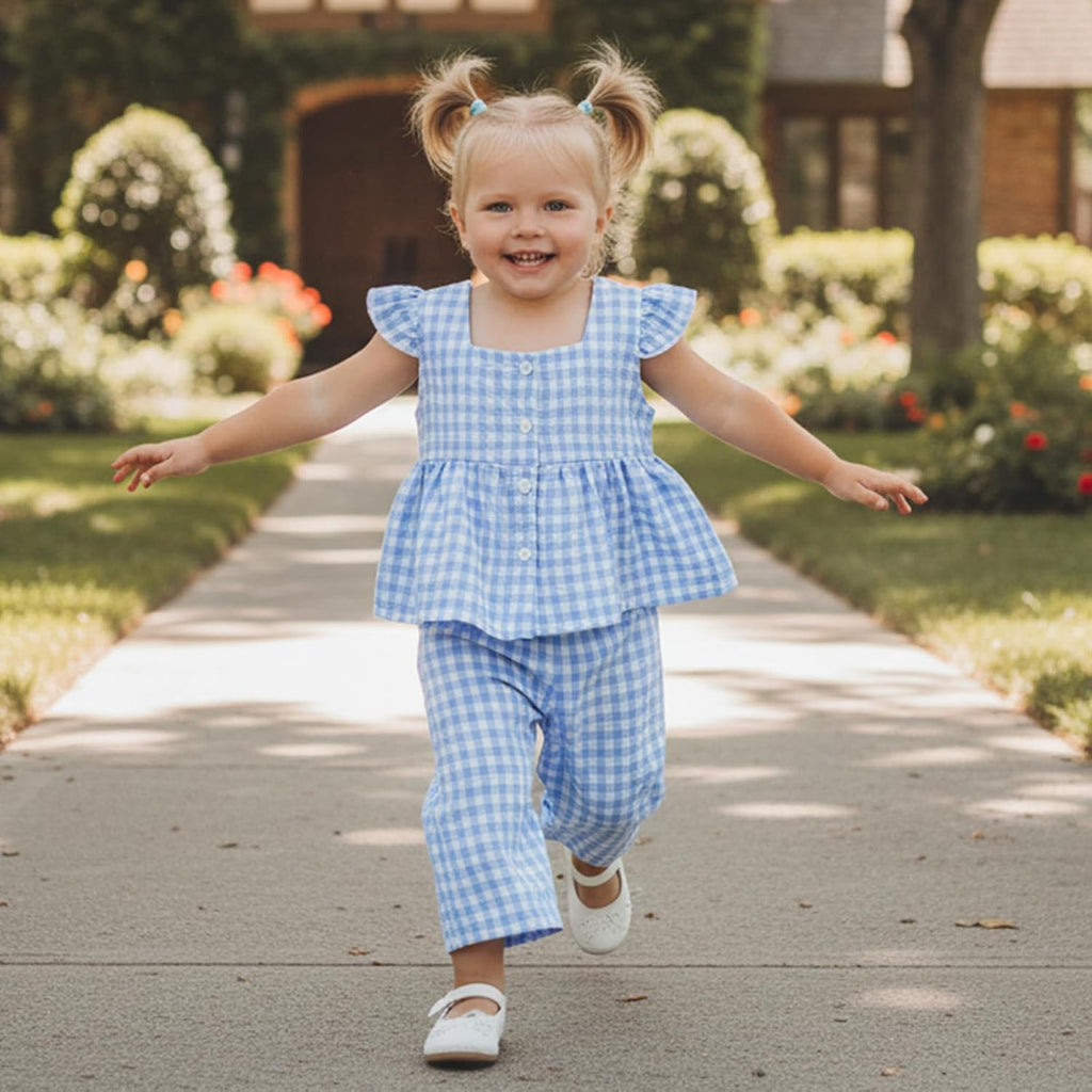 Girls Summer Outfits Ruffle Sleeve Button Up Dress Tops Plaid Linen Pants Spring Toddler Girl Clothes