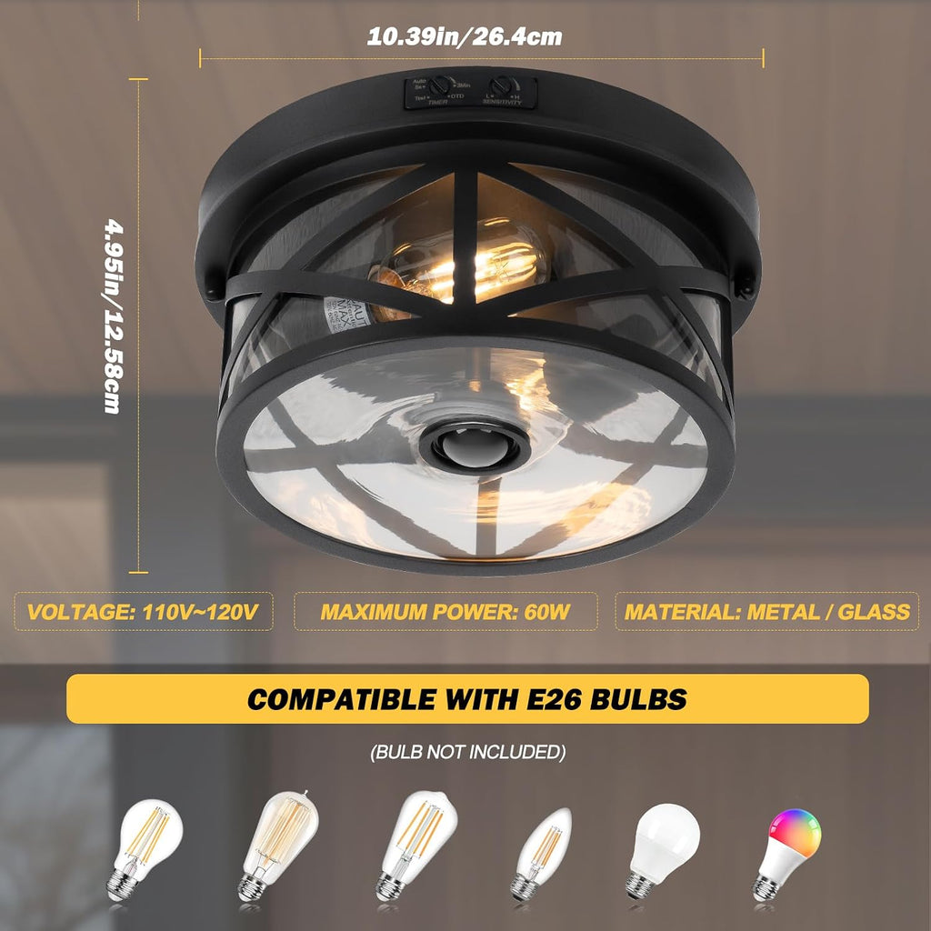 Motion Sensor Outdoor Ceiling Light, Adjustable Black Flush Mount Light Fixture, 2-Light Porch Lights Outdoor