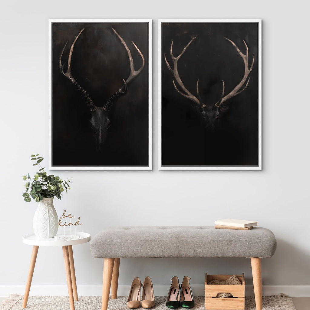 Framed Canvas Print Wall Art Rustic Antler Skull Dark Dramatic Black Vintage-Inspired Deer and Elk Antlers