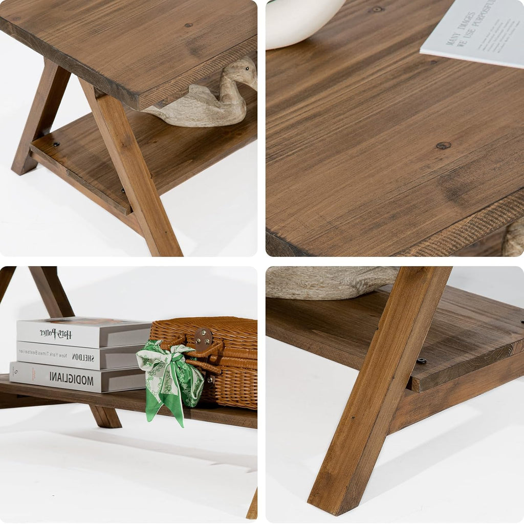 Solid Wood Coffee Table - 42.5” Firwood Farmhouse Rustic Wooden Coffee Tables, Solid Firwood Rectangle Coffee Table