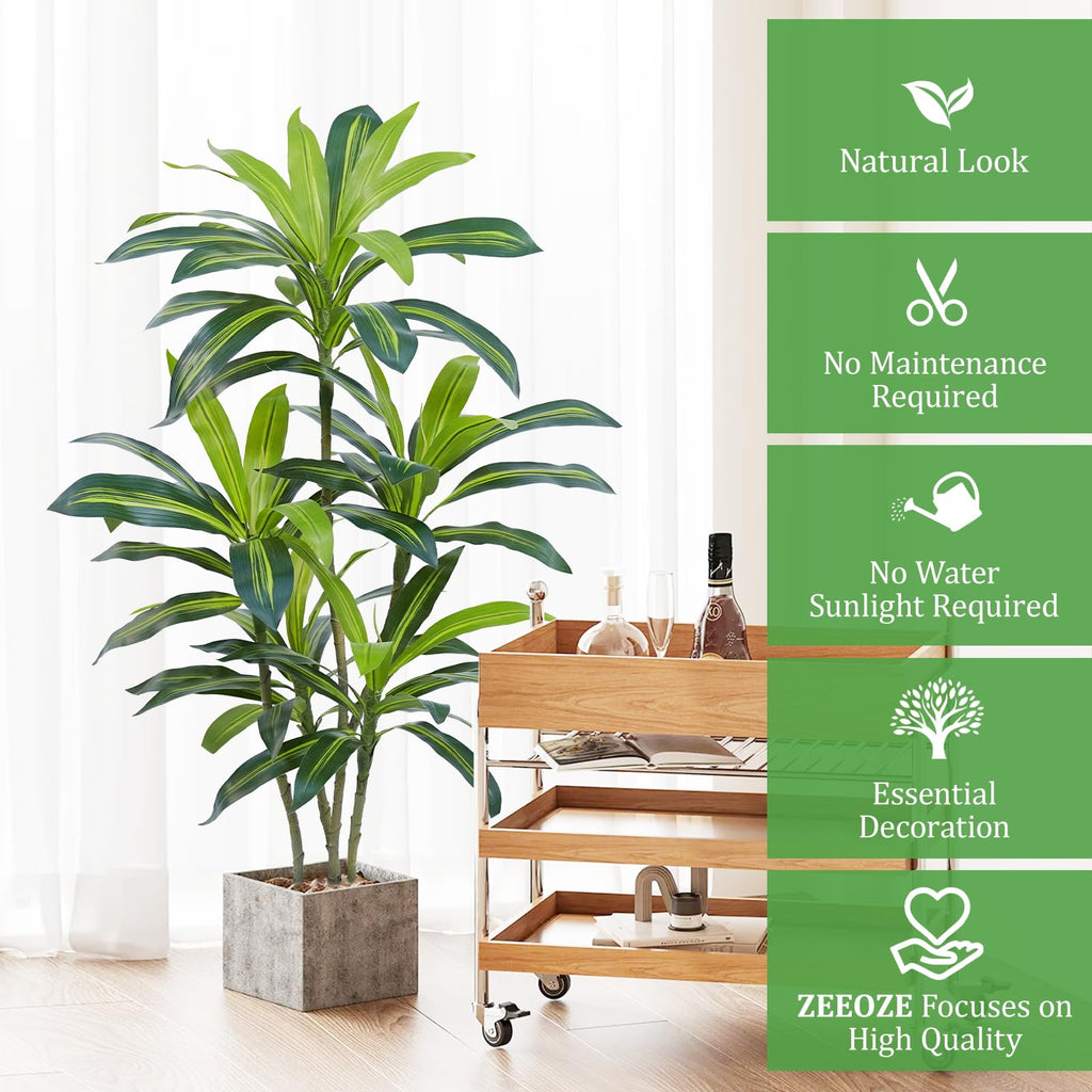 4Ft Dracaena Plant Artificial Tree Fake Tropical Floor Plants Potted (Real Touch) Artificial Silk Tree Faux Trees
