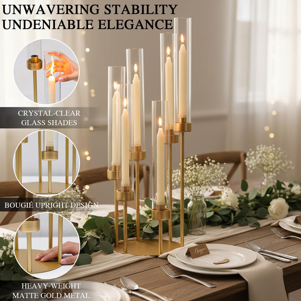 6-Arm Gold Candelabra, 23.96" Tall Candelabra Centerpieces for Tables with Glass Lampshade & Heavy Base, Vintage Gold