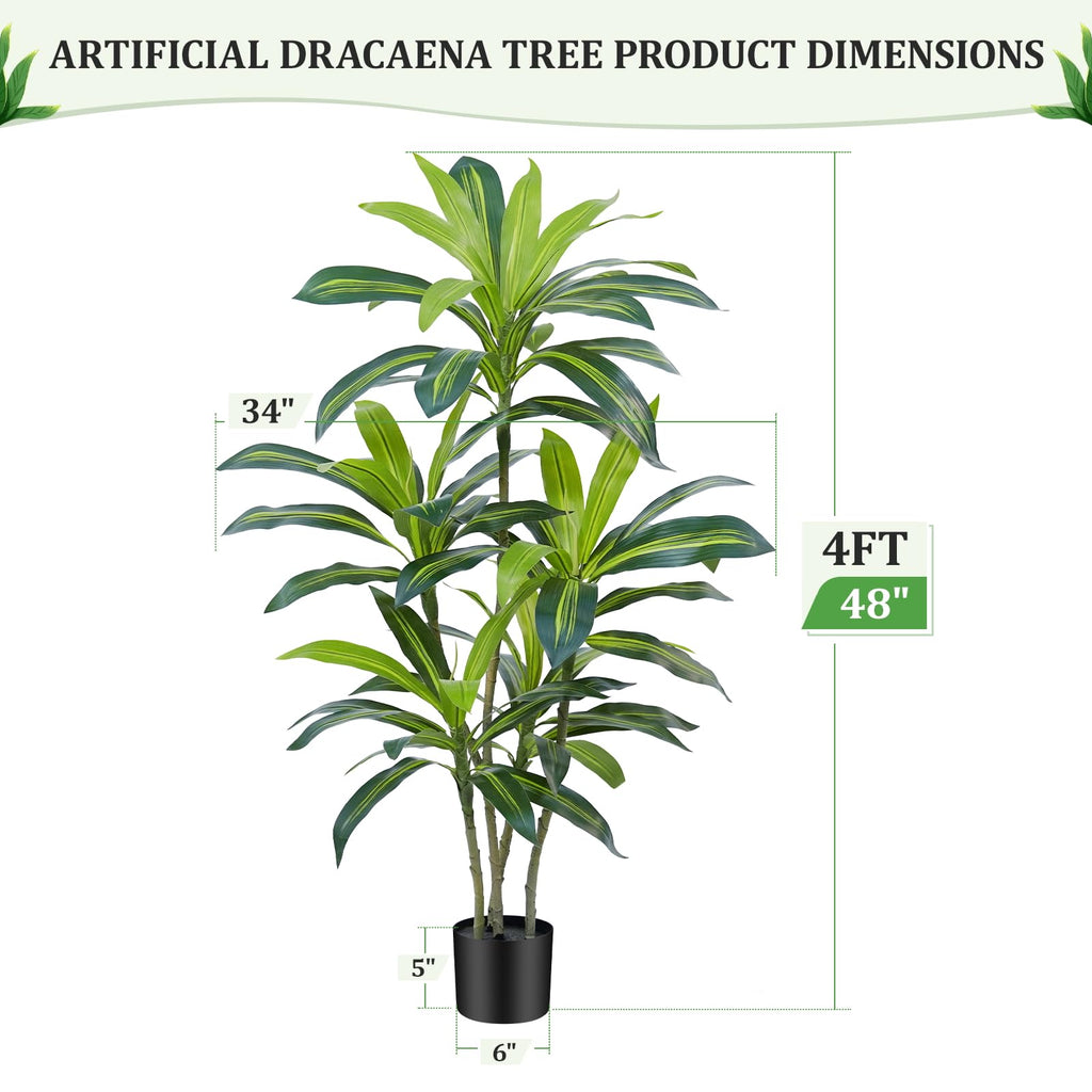 4Ft Dracaena Plant Artificial Tree Fake Tropical Floor Plants Potted (Real Touch) Artificial Silk Tree Faux Trees