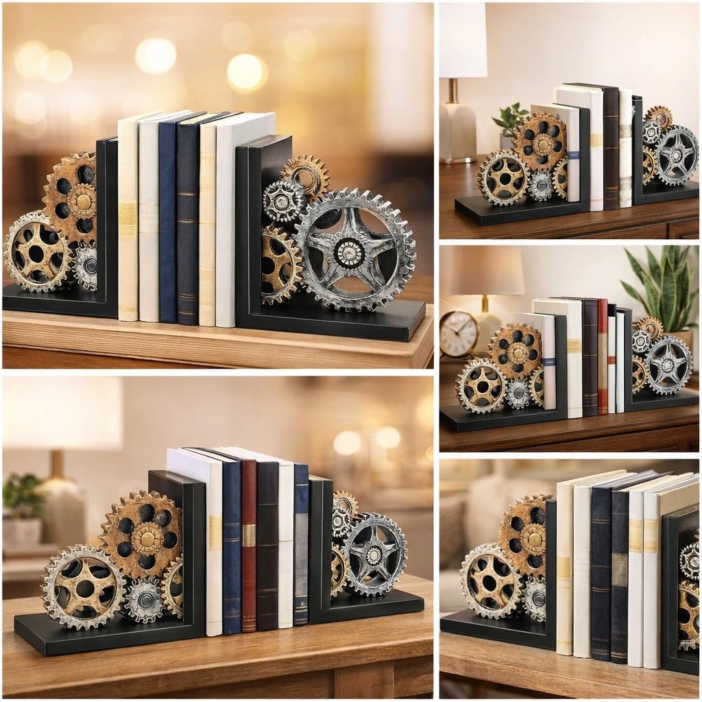 Gear Bookends, Steampunk, Heavy Duty, 20881 | Vintage Book Ends for Shelves, Office, Library, Industrial Design, 2pc