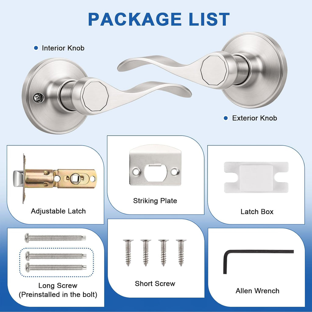 1 Pack Passage Door Handles Interior, Closet Door Knobs Brushed Nickel Finish, Keyless Door Levers
