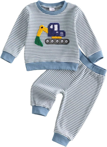Fall Baby Boy Outfit Excavator Long Sleeve Sweatshirt Pullover Top Pants Toddler Waffle Knit Clothes