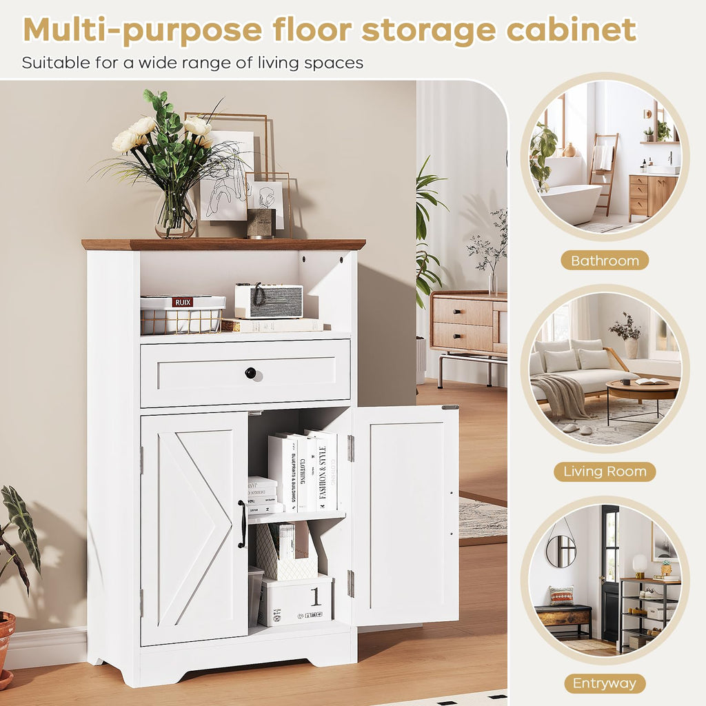 Floor Cabinet, Farmhouse Storage Cabinet with Barn Doors and Drawers White
