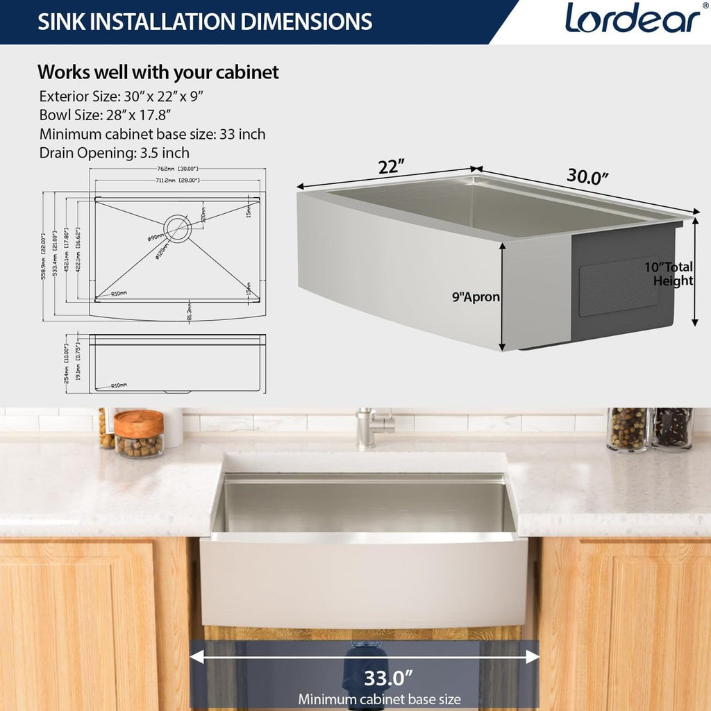 30 Kitchen Sink Apron Front 30X22 Inch Farmhouse Sink Workstation 16 Gauge Stainless Steel Single Bowl Handmade