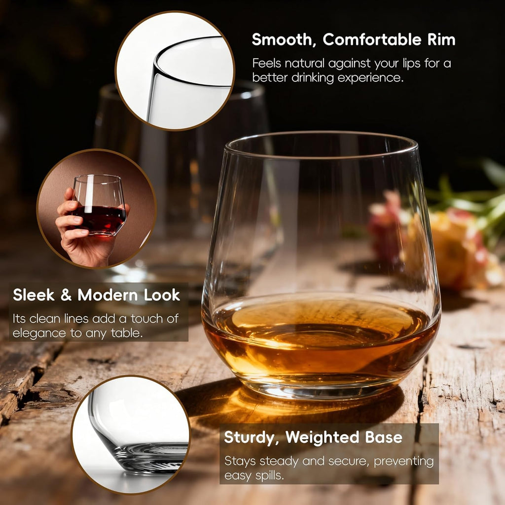 Stemless Wine Glasses Set of 4, 13.5oz, Crystal Clear Red White Wine Glasses for Daily Use, Lead-free, Dishwasher