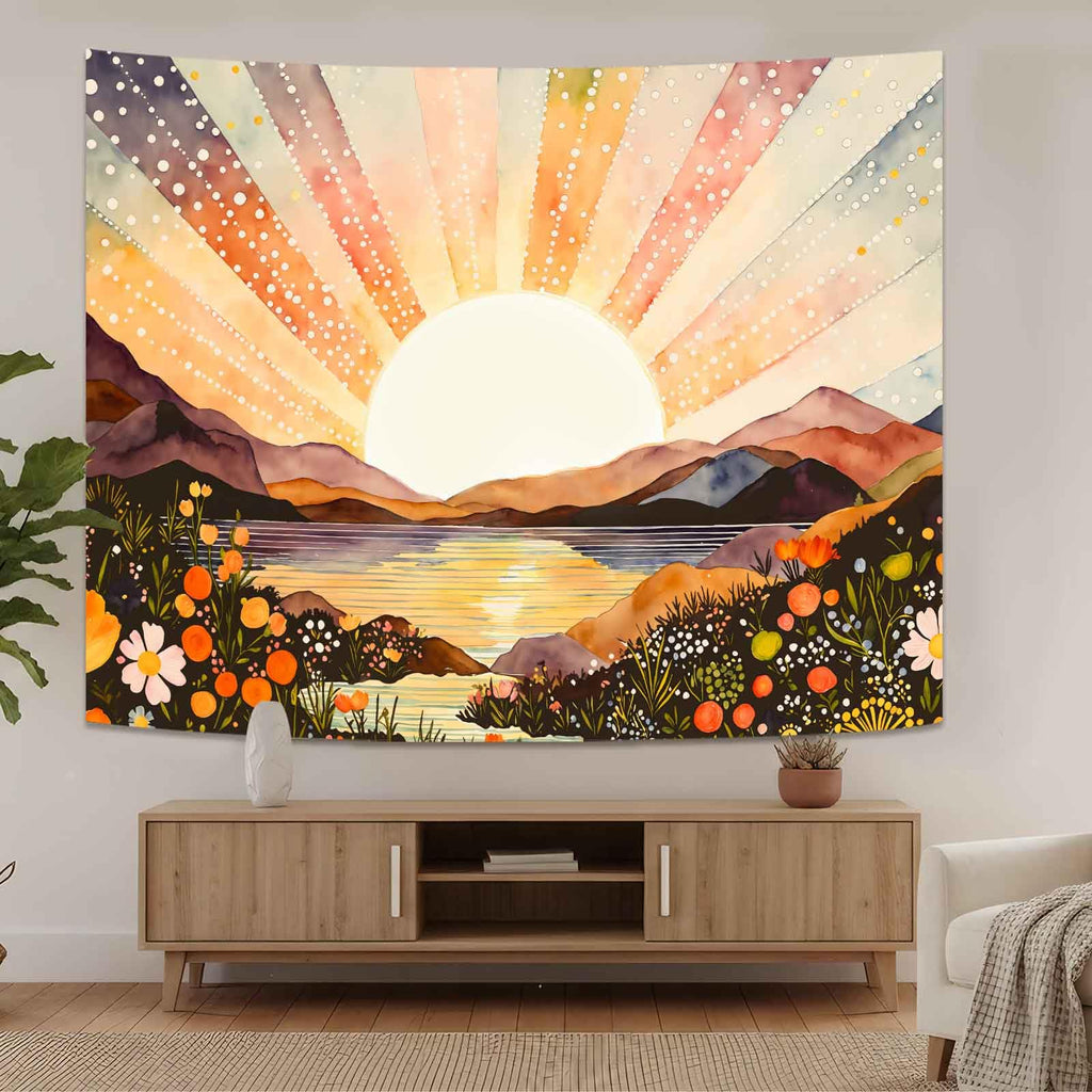 Sunburst Watercolor Tapestry - Landscape Wall Hanging with Mountains and Lake - Boho Aesthetic Decor Tapestries