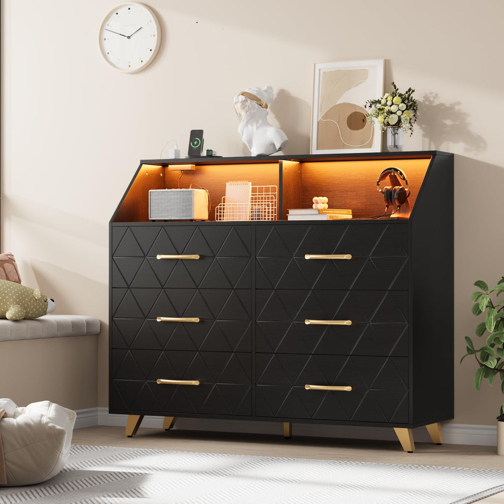 6 Drawer Dresser with LED Lights & Charging Station, Wooden Black Dresser, Modern TV Stand Dressers & Chests of