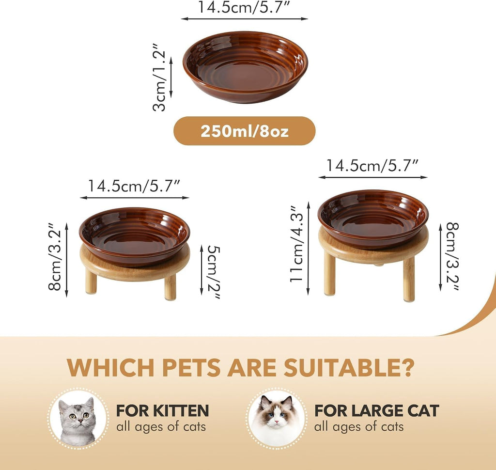 Elevated Cat Bowls, Ceramic Cat Bowl with Bamboo Stand Wide Opening