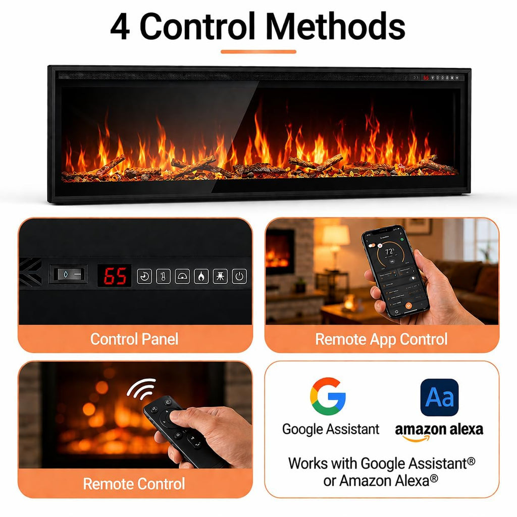 72" Smart Linear Electric Fireplace, WiFi App Voice & Remote Control