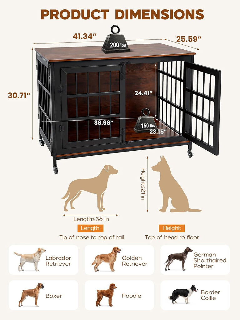 41 Inch Heavy Duty Dog Crate Furniture, Dog Kennel Furniture for Large and Medium Dogs, with Lockable Wheels &