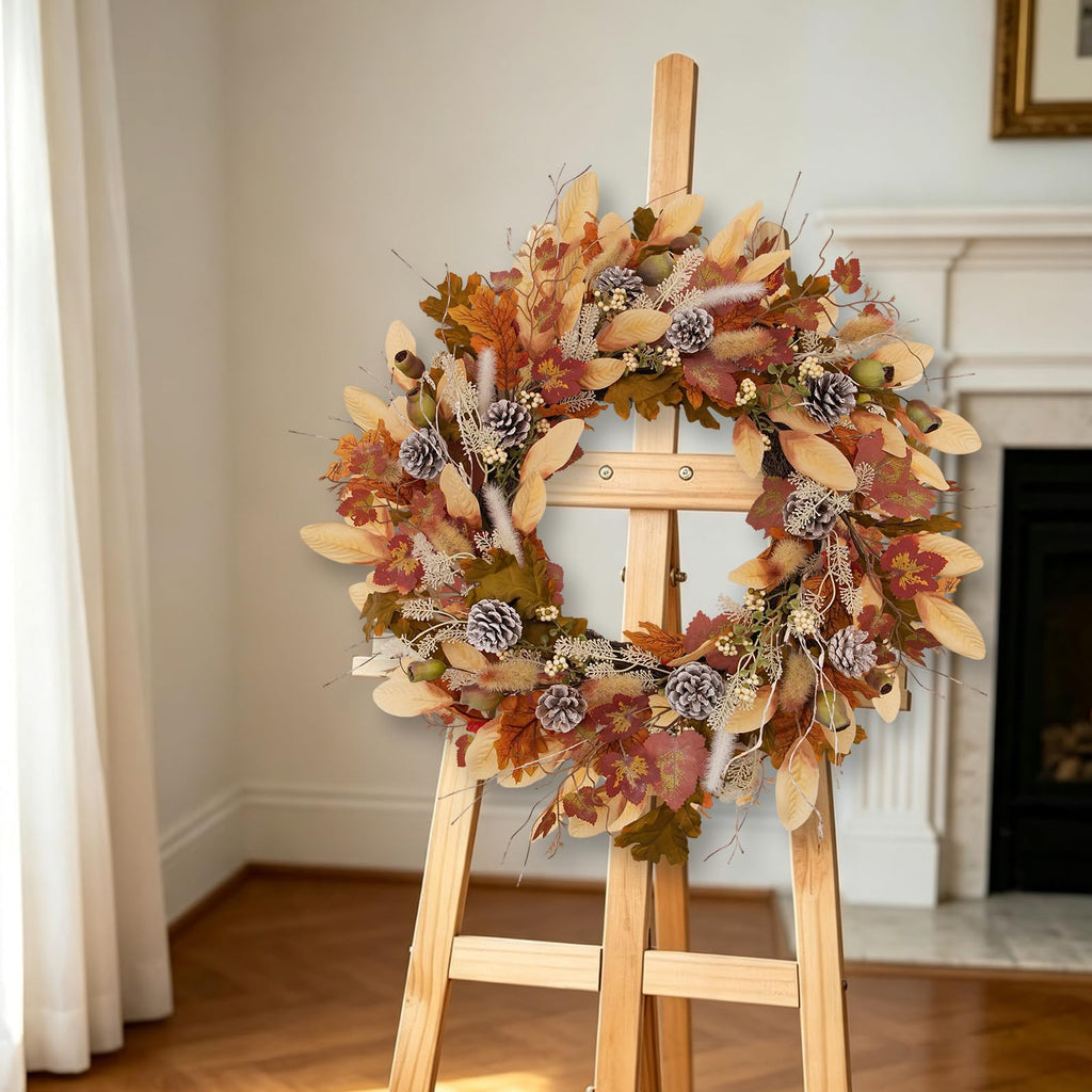 24 Inch Woodland Fall Wreath, Rustic Farmhouse Autumn Wreath with Frosted Pinecones, Bunny Tail Grass, Acorns &