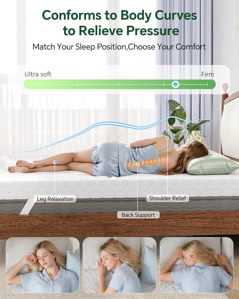Queen Size Memory Foam Mattress Topper Bamboo Viscose for Pressure Relief | 3 inch Firm Mattress Pad DualSide, Back