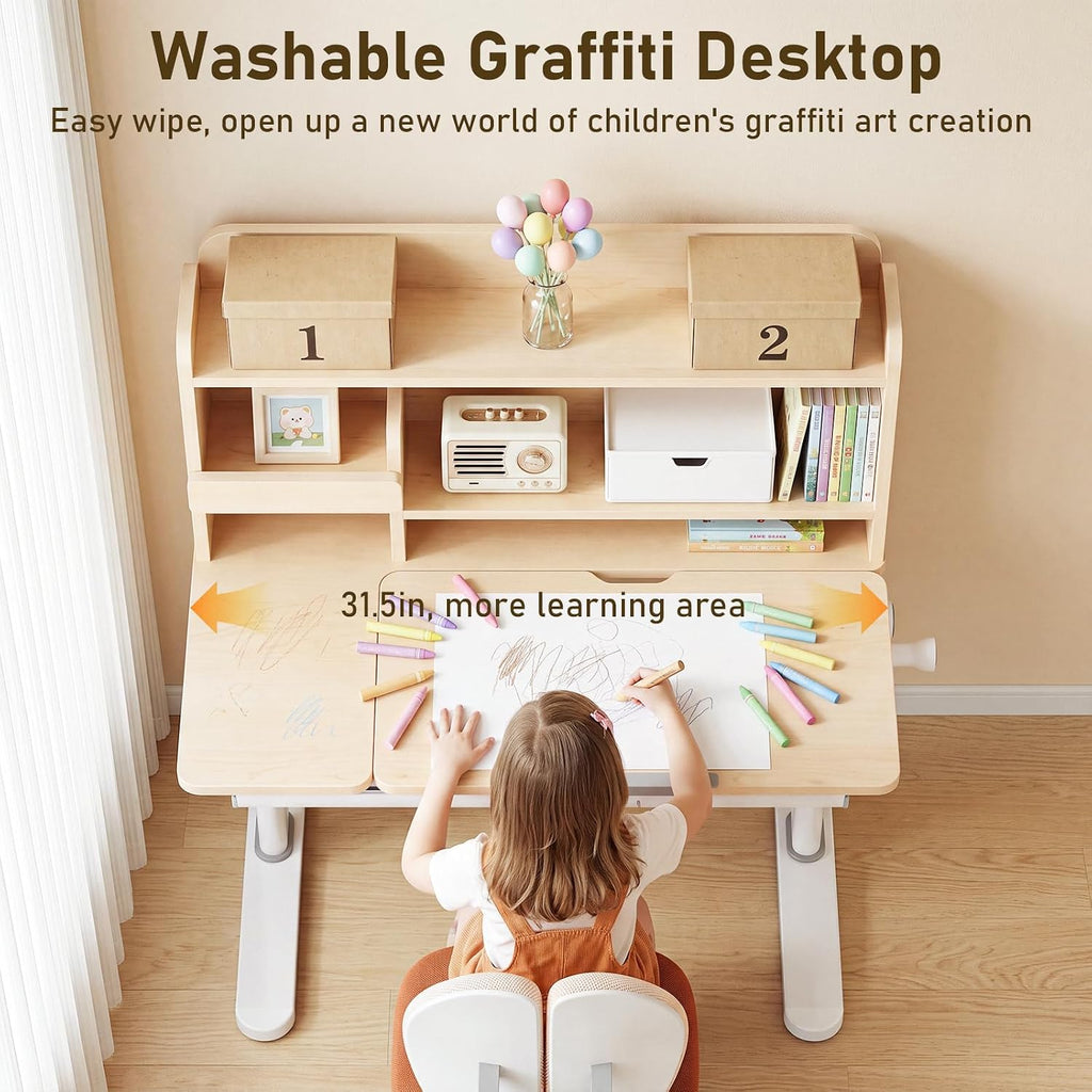 Kids Desk and Chair Set, Adjustable Study Table with Tiltable Desktop & Storage Drawer, Ergonomic Desk for Boys