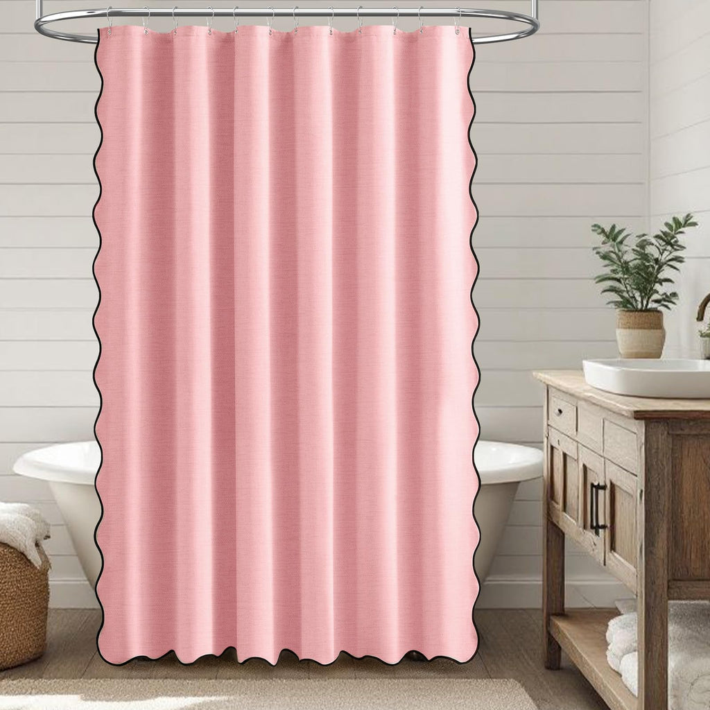 Boho Scalloped Linen Textured Cloth Shower Curtain Set, 72x84, Pink