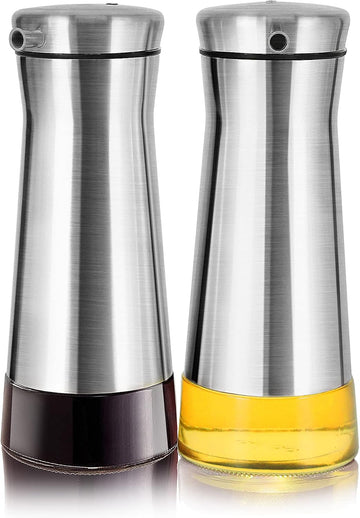 Olive Oil And Vinegar Dispenser Set -2 Pack Elegant Stainless Steel Oil Dispenser Set- Vinegar Bottle with No-Drip - Set of 2