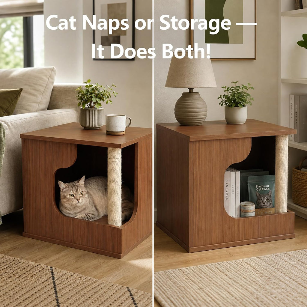 Wooden Cat House Side Table with Storage, Cat Nightstand End Table
