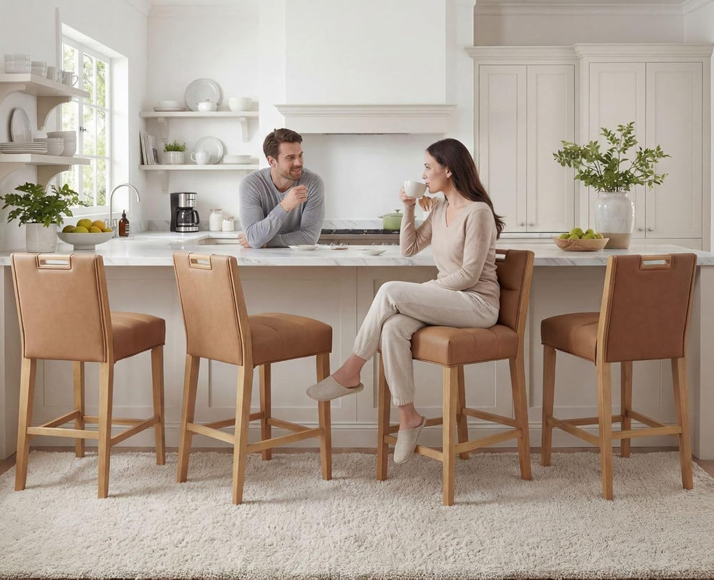 26 Inch Upholstered Modern Bar Stools Set of 3, Wooden Counter Height Barstools with 5" Thick Padded Seat & Cushioned