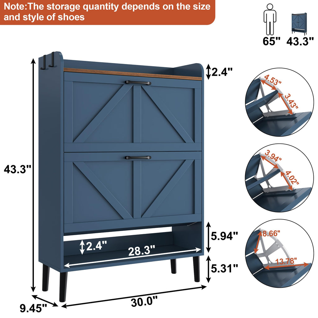 Shoe Storage Cabinet, Slim Shoe Organizer with Two Flip Drawers, Narrow Shoe Holder with Wood Legs, Farmhouse Hidden