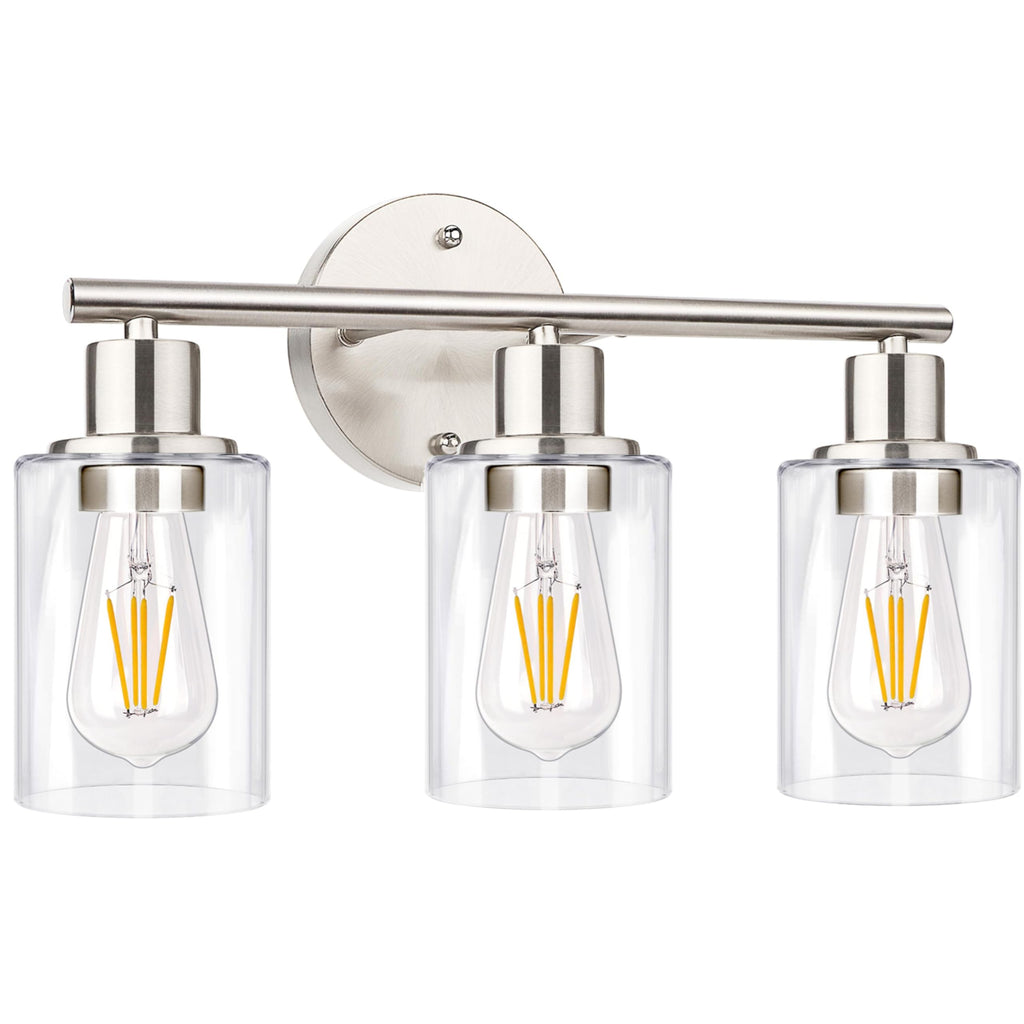 3-Light Bathroom Light Fixtures, Brushed Nickel Vanity Light, Farmhouse Wall Lights with Clear Glass Shade, Bathroom