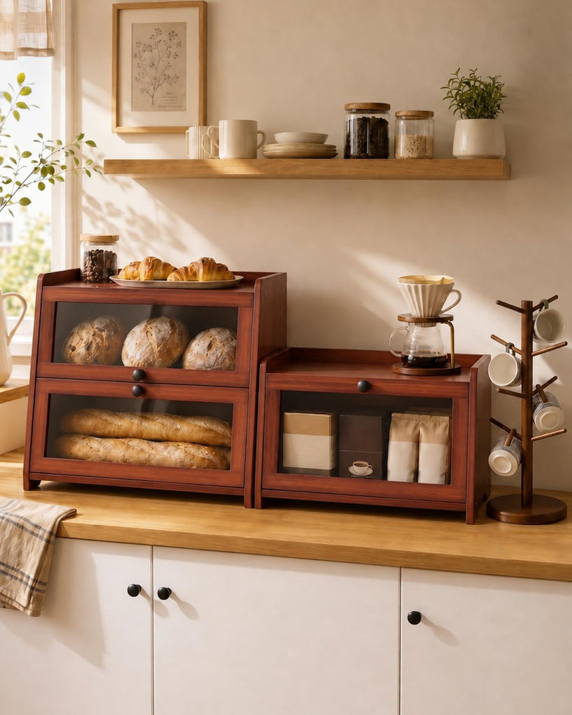 Bread Box - Countertop With Top Shelf For Fruit,1 Tier, Brown
