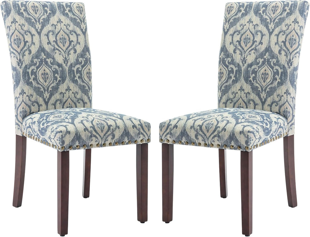 Upholstered Parsons Dining Chairs Set of 2, Fabric Dining Room Kitchen Side Chair with Nailhead Trim and Wood Legs
