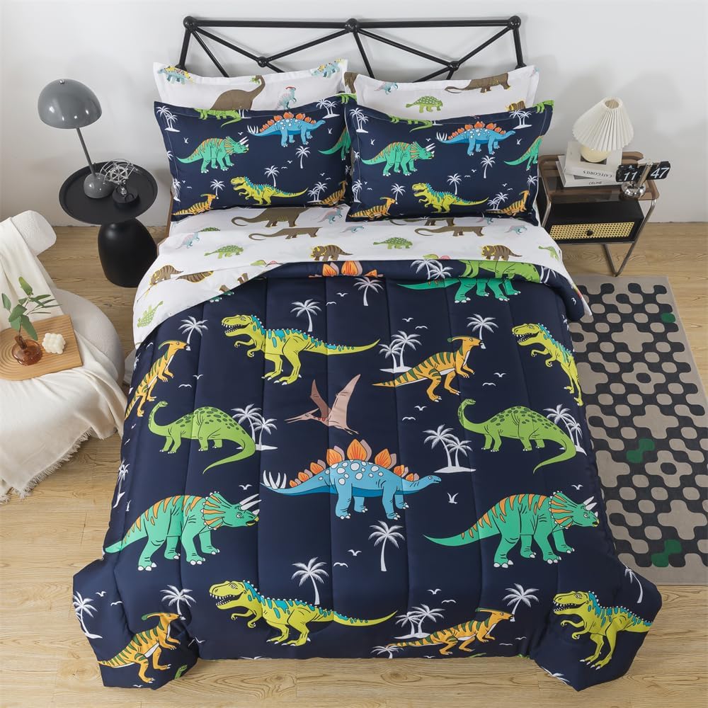 7 Pieces Dinosaur Comforter Full Kids Jungle Dinosaur Bedding Set Bed in A Bag for Boys T-Rex Dino Comforter and Sheets Set for Teens Girls Coco Animal Bed Sets Home Decor